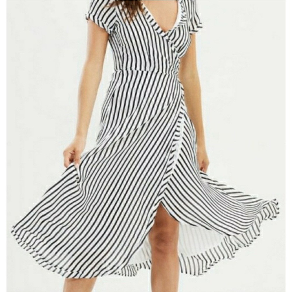 Bardot Adie Black & White Striped Ruffle‎ Wrap Midi Dress - Size 6 / Small